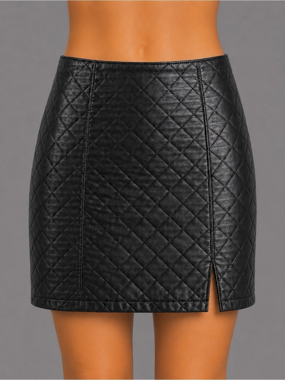 Black Faux Leather Quilted Slit Mini Skirt XS S